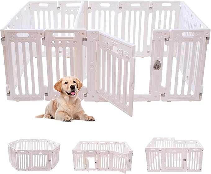 2 Room Dog Playpen with Door,DIY Shape Combination Puppy Pen,16-Panel+2 Link Piece+Large Door+Small Door,25.5" H Dog Fence,Non-Slip&amp;Secure Pet Gate,Easy to Assemble (Two Rooms)