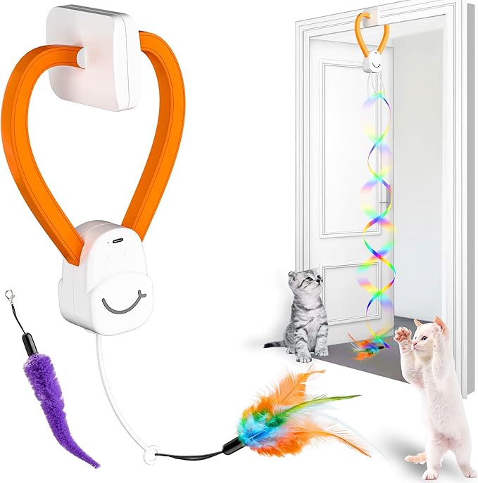 Interactive Cat Toy,Automatic Cat Toy for Indoor Cats,Hanging Door Clip Ribbon 360° Rotation,Feather &amp; Rainbow Cat Stimulating Ribbons Cat Toys for Bored Adult/Kitten Exercise