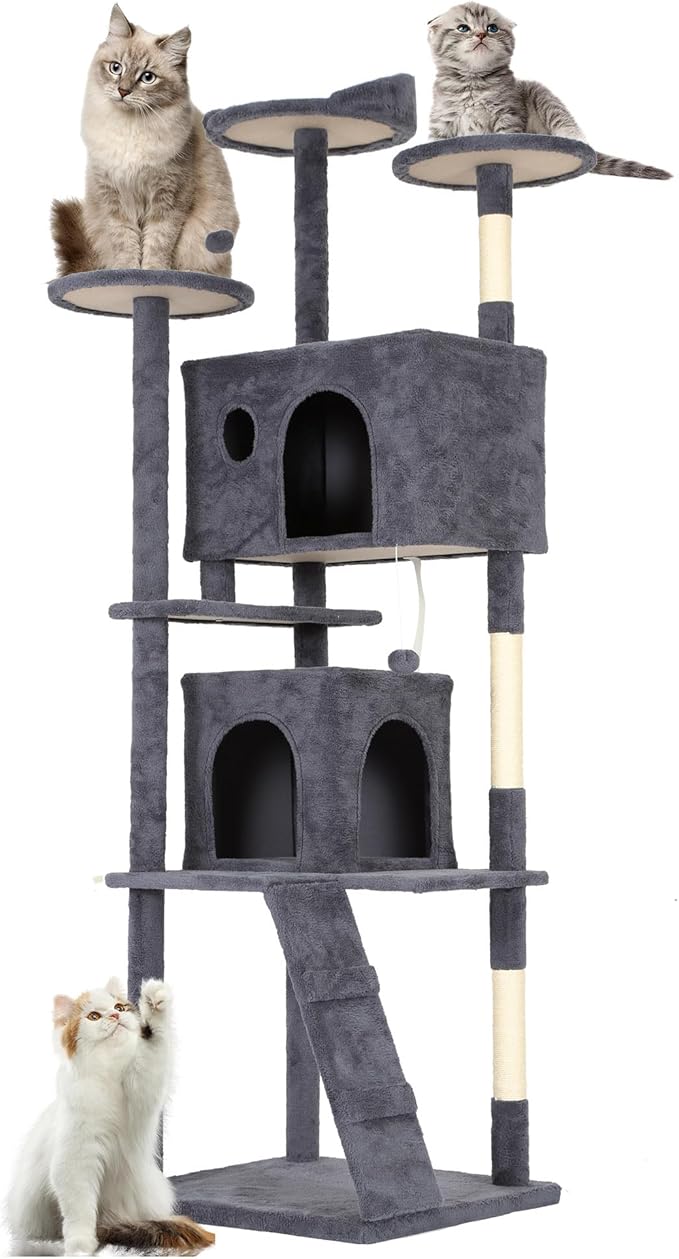 FDW Cat Tree Tower 81in Multi-Level Durable Cat Scratching Post &amp; Cozy Fun Jumping Platform Space Saving Condo Pet Play House for Indoor Cats,Dark Gray