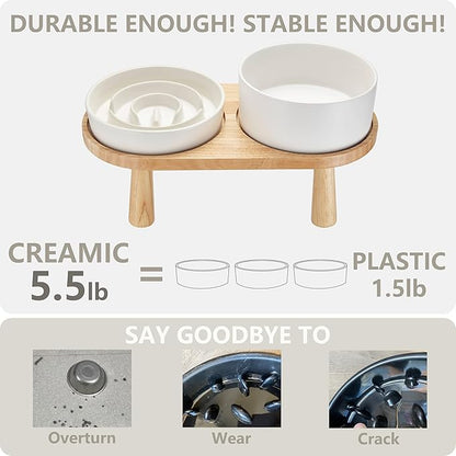 Ceramic Slow Feeder and Water Bowl Set for Small Dogs, Ceramic Dog Bowls Elevated with Wooden Stand, 0.6 Cups Dog Slow Feeder(14oz) and 30oz Water Bowl Set, White