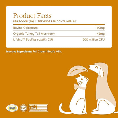 Fera Pets Immune Goat Milk for Dogs &amp; Cats with Colostrum, Organic Turkey Tail Mushroom, &amp; Probiotics - Improves Immune Response - for Picky Eaters - Powder - 60 TSP