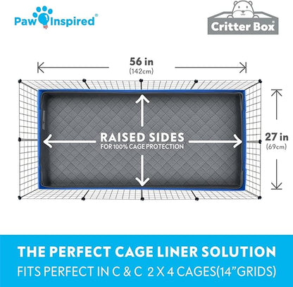 Paw Inspired Critter Box Washable Cage Liner, Reversible Fleece Bedding with Raised Sides for Guinea Pigs and Other Small Animals (C&amp;C 2x4 (14" Grids), Gray/Blue)