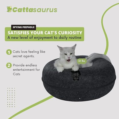 Cattasaurus Peekaboo Cat Cave, Extra Spacious for Multiple &amp; Large Cats 12+ lbs, Scratch Detachable Beds for Indoor Cats, Washable Tunnel Bed, Comfy Cat Donut Tunnel (Dark Gray+Dark Gray, Jumbo)