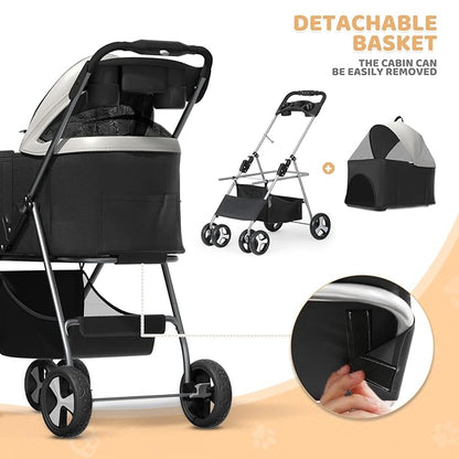 Magshion Foldable Pet Stroller, 3-in-1 Dog Travel Jogger with Detachable Carrier, Cup Holder, Storage Basket, Folding Carrier for Small/Medium Dogs &amp; Cats Up to 33 lbs, Black