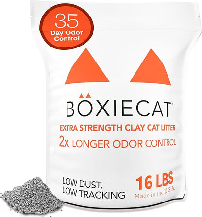 Boxie® Extra Strength 35 Day Odour Control Clumping Clay Cat &amp; Kitty Litter 16lb, 99.9% Dust-Free, Probiotic Formula, Long-Lasting, Veterinarian Approved, Easy Scooping for Multi-Cat Homes