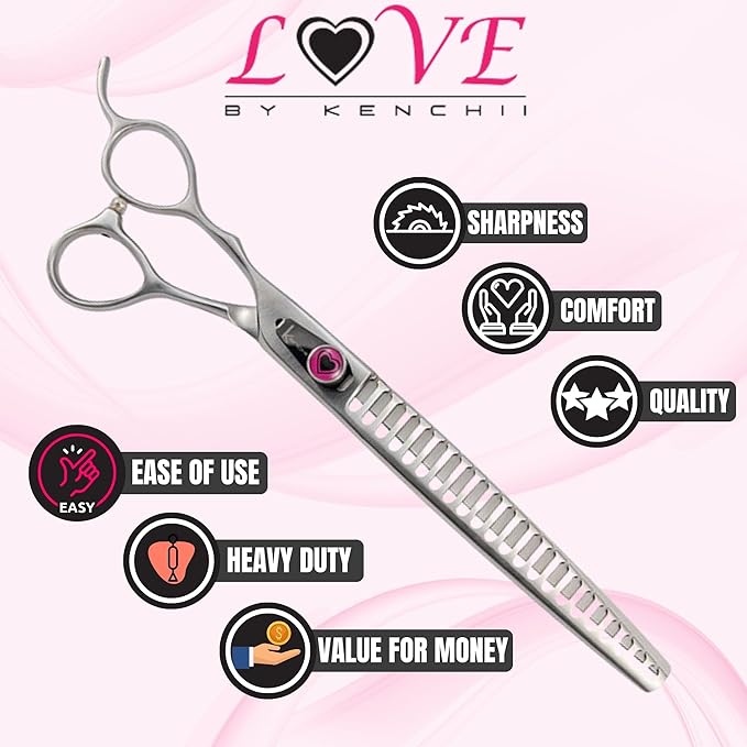 Kenchii Love Left Handed Dog Grooming Scissors, 22 Tooth Blender Shears, Dog Scissors for Grooming, Professional Pet Grooming Scissors, Ergonomic &amp; Comfortable