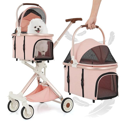 MoNiBloom 3 in 1 Pet Stroller with Adjustable Handle, Jogging Stroller w/Detachable Carrier &amp; Lightweight Aluminum Frame for Dogs Cats, Soft Pink