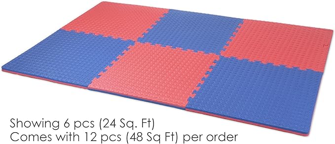 Xspec 1" Extra Thick 48 sq ft Reversible EVA Gym Foam Floor Mat Tiles (24" x 24"), Steel Pattern, 12 pcs, Blue &amp; Red
