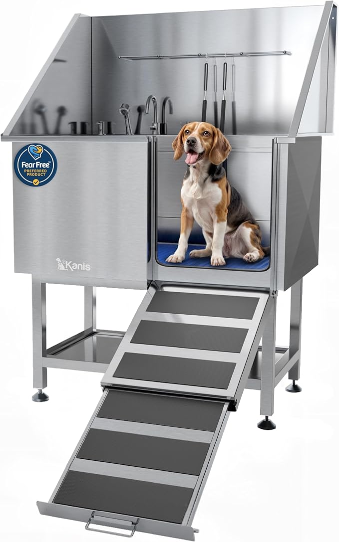 KANIS Professional Dog Washing Station - 304 Stainless Steel Pet Wash Sink &amp; Grooming Bath Tub for Home with Ramp, Shower, Floor Grate, Storage Shelf, Faucet, Drain Kit for Large, Medium &amp; Small Pets