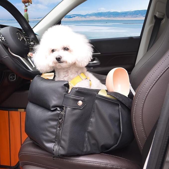 2 and 1 Center Console Dog Car Seat &amp; Carrier for Small Dogs, Large Leather Dog Car Bed with Storage Pocket, Waterproof PVC Leather Seat Travel Bed for Front &amp; Back Seat, Clip-On Safety Leash