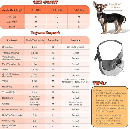 YUDODO Pet Sling Carrier for Small Dogs &amp; Cats – Hands-Free Puppy Carrier with Safety Hook, Large Zipper Pocket, Soft Breathable Mesh, Adjustable Strap &amp; Reflective Strip (Gray 1.0 S)
