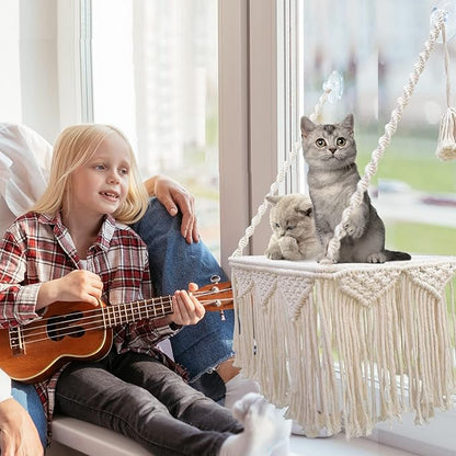 Cat Window Perch Macrame Cat Hammock Boho Wall Mounted Pet Resting Seat Bed for Sunbathing, Napping &amp; Overlooking with 4 Seat Suction Cups &amp; Fleece Blanket &amp; Knitted Ball Toy - Weighted up to 35lbs.