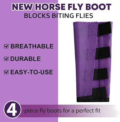 Premium 4-Pack Horse Fly Boots &amp; Leggings Loose-Fit Fine Mesh with Stay-On Fasteners, Support Strips &amp; Anti-Stomp Design Breathable Non-Slip Protection Leg Wrap (Large) Lavender Purple