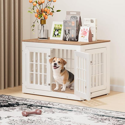 38" Heavy Duty Dog Crate Furniture for Small,Medium and Large Dogs,Rustic Wooden Dog Cage Kennel Indoor Furniture with Waterproof Top,Decorative Pet House Side End Table (White &amp; Wood)