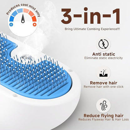 Pet Steam Brush for Dog &amp; Cat - 3-in-1 Steam Grooming Brush for Shedding &amp; Hair Removal - Self Cleaning Spray Comb with Mist for Long Haired Pets, Blue