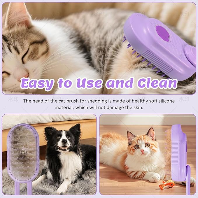 4 in 1 Cat &amp; Dog Steam Brush Kit with 2 Comb Heads - Rechargeable Grooming Brush for Long/Short Hair Shedding, Anti-Static Steam Spray &amp; Foldable Handle, Pet Spa Cleaning Tool (Purple)