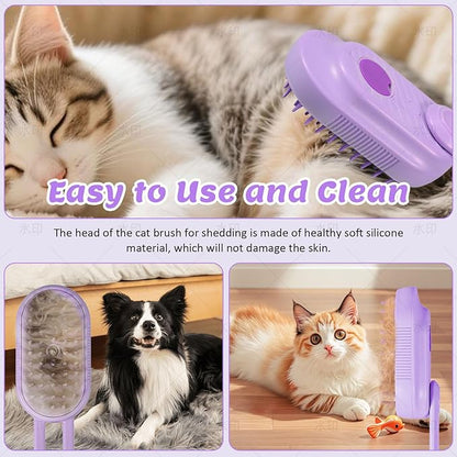 4 in 1 Cat &amp; Dog Steam Brush Kit with 2 Comb Heads - Rechargeable Grooming Brush for Long/Short Hair Shedding, Anti-Static Steam Spray &amp; Foldable Handle, Pet Spa Cleaning Tool (Purple)