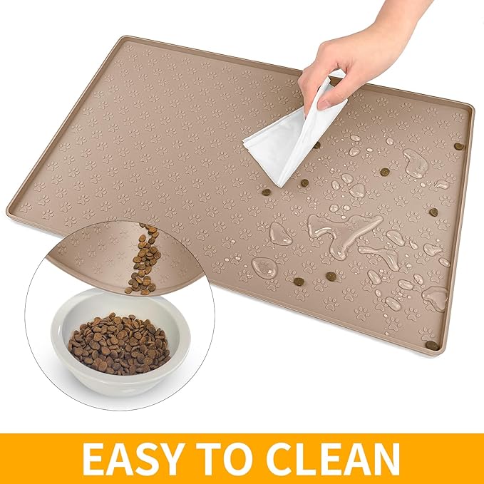 Ptlom Silicone Dog Food Mat Waterproof Pet Feeding Mat with High-Lips, Anti-Slip Dog Bowl Mat for Food &amp; Water, Non-Spill Puppy Feeding Tray for Small, Medium &amp; Large Dogs and Cats, Taupe