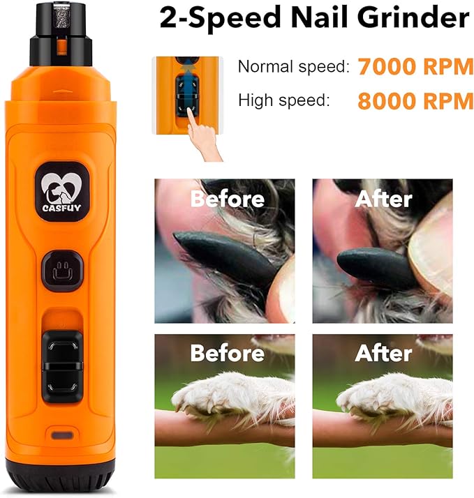Casfuy Dog Nail Grinder with 2 LED Light - New Version 2-Speed Powerful Electric Pet Nail Trimmer Professional Quiet Painless Paws Grooming &amp; Smoothing for Small Medium Large Dogs and Cats (Orange)