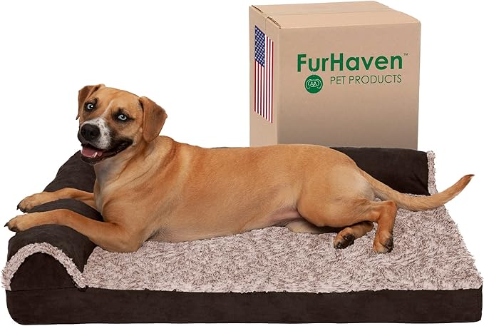 Furhaven Cooling Gel Dog Bed for Large/Medium Dogs w/ Removable Bolsters &amp; Washable Cover, For Dogs Up to 55 lbs - Two-Tone Plush Faux Fur &amp; Suede L Shaped Chaise - Espresso, Large