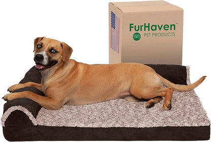 Furhaven Cooling Gel Dog Bed for Large/Medium Dogs w/ Removable Bolsters &amp; Washable Cover, For Dogs Up to 55 lbs - Two-Tone Plush Faux Fur &amp; Suede L Shaped Chaise - Espresso, Large