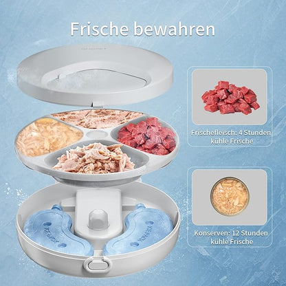 Automatic Cat Feeder Wet Food, Whisker-Friendly Automatic Cat Food Dispenser True 4-Meal Design with Locking Lid, Smart Timer Feeder for Wet Cat/Dog ，2-Ice Packs, Easy to Clean (White-1)