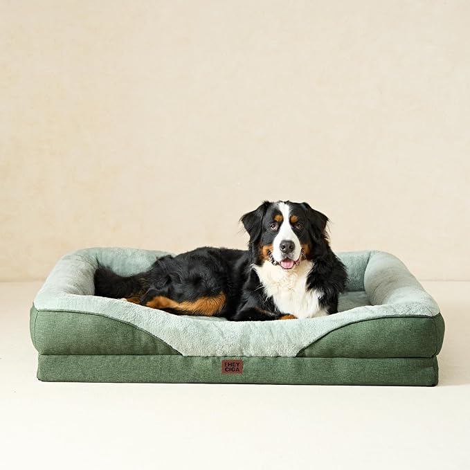 EHEYCIGA Memory Foam Dog Bed for Medium Size, Orthopedic Dog Sofa with Sides and Waterproof Liner, Washable Bolster Pet Couch with Removable Cover, 35x22x6.5 Inch, Green