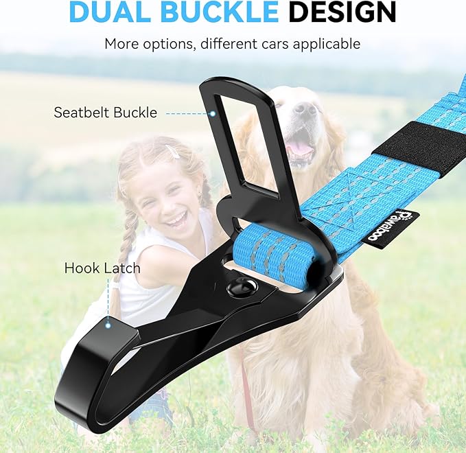 Pawaboo Dog Seatbelt for Car, 3-in-1 Dog Seat Belt Bungee, Shockproof Dogs Tether for Car with Buckle &amp; Hook Latch, Adjustable Reflective Dogs Cars Harness Leash with 360° Lockable Buckle, Blue