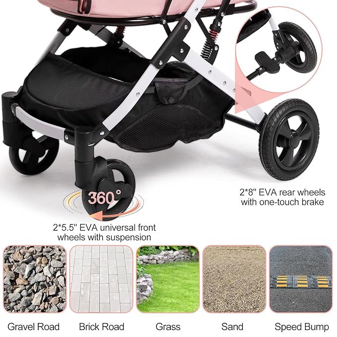 Pet Stroller for Medium Small Dog &amp; Cat, Foldable Lightweight Dog Stroller with Storage Basket Pet Travel Carriage with Safety Leashes, 4 Wheel, Pink