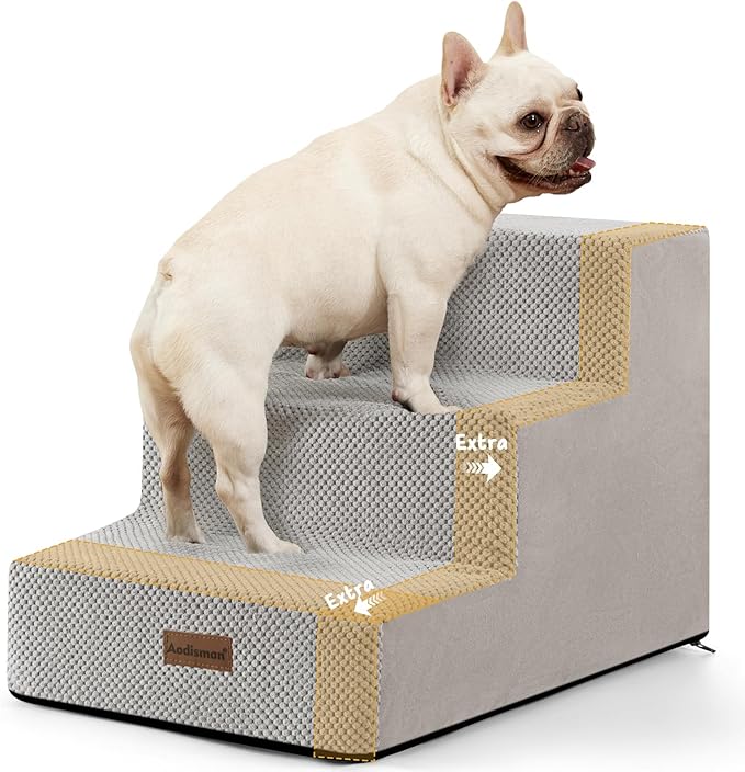 Dog Stairs for Small Dogs &amp; Cats, 3-Step Extra Wide Non-Slip Pet Steps for Couch Sofa and Chair, Light Grey, 15.7" H