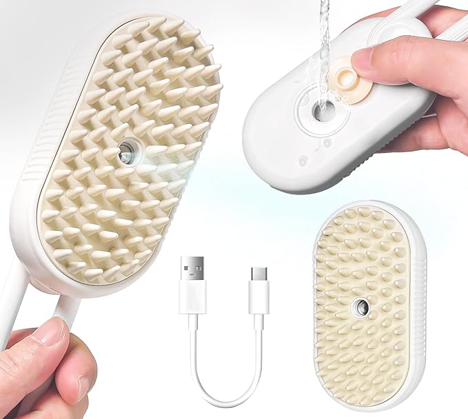 3-in-1 Rechargeable Steam Brush for Cats &amp; Dogs - Anti-Static Spray Pet Grooming Brush with Warm Mist Massage, Hair Shedding Control, Detangling Comb &amp; Cleaning Tool for Effective Deshedding