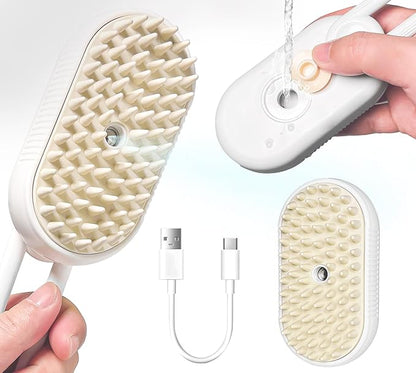 3-in-1 Rechargeable Steam Brush for Cats &amp; Dogs - Anti-Static Spray Pet Grooming Brush with Warm Mist Massage, Hair Shedding Control, Detangling Comb &amp; Cleaning Tool for Effective Deshedding