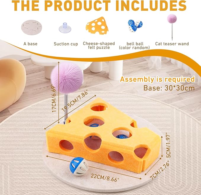 Interactive Cat Puzzle Toy for Indoor Cats &amp; Kittens - Fun Track Balls &amp; Spring Teaser in Stimulating Felt Puzzle Box (Yellow) - Mental Enrichment Game