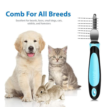 Flexzion Dogs Dematting Comb, Stainless Steel Blades Rakes, for Pets Cats Animals Matted Knotted Hair, Brush Cutting Removing Grooming Tool with Smooth Teeth Needle - Black &amp; Blue Handle