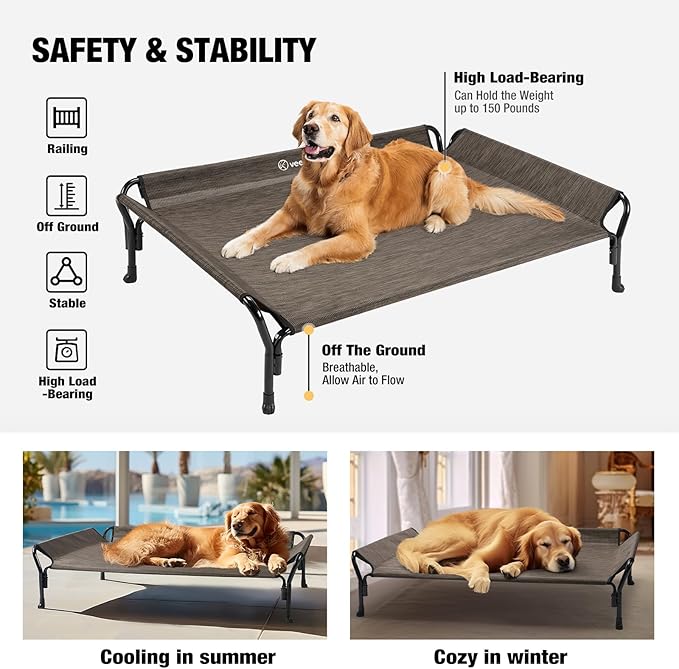 Veehoo Medium Elevated Dog Bed, Guardrail, Non-Slip, Chewproof, Washable &amp; Breathable Teslin Mesh, Brown
