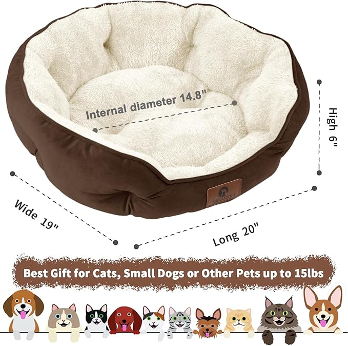 Asvin Small Dog Bed for Small Dogs, Cat Beds for Indoor Cats, Pet Bed for Puppy and Kitty, Extra Soft &amp; Machine Washable with Anti-Slip &amp; Water-Resistant Oxford Bottom, Brown, 20 inches