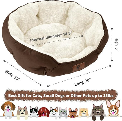 Asvin Small Dog Bed for Small Dogs, Cat Beds for Indoor Cats, Pet Bed for Puppy and Kitty, Extra Soft &amp; Machine Washable with Anti-Slip &amp; Water-Resistant Oxford Bottom, Brown, 20 inches