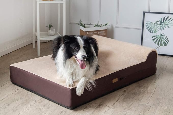 KOPEKS Jumbo Orthopedic Dog Bed - 7-inch Thick Memory Foam Pet Bed with Pillow with Removable Cover &amp; Free Waterproof Liner - for Large Breed Dogs, XL, Brown-Plush Top