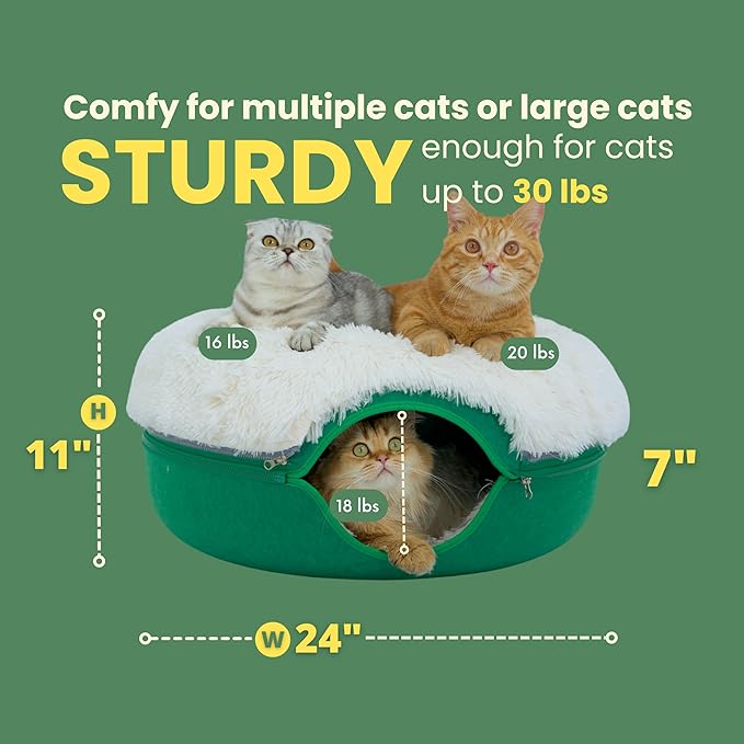 CATTASAURUS Peekaboo Cat Cave for Multiple &amp; Large Cats Up to 30-45 Lbs, Fluffy Cat Beds &amp; Furniture, Scratch Detachable &amp; Washable Tunnel Bed, Comfy Donut Bed (Forest Green, Large (Calming))
