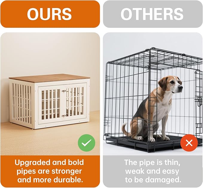 42" Heavy Duty Dog Crate Furniture for Small,Medium and Large Dogs,Rustic Wooden Dog Cage Kennel Indoor Furniture with Waterproof Top,Decorative Pet House Side End Table (White &amp; Wood)