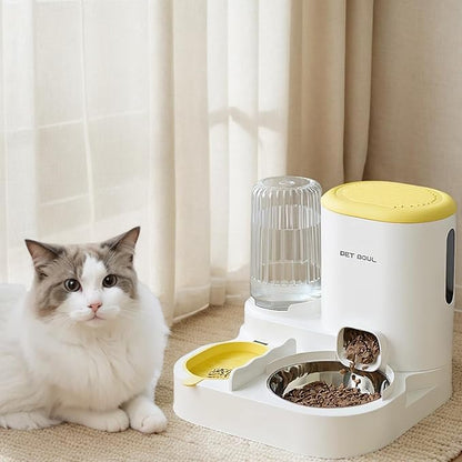 Automatic Cat Feeder &amp; Water Dispenser - Dual Container for Dry/Wet Food, Two-in-One Upgraded Gravity Feeder and Water Dispenser Combo Set for Cats and Dogs.(Yellow)
