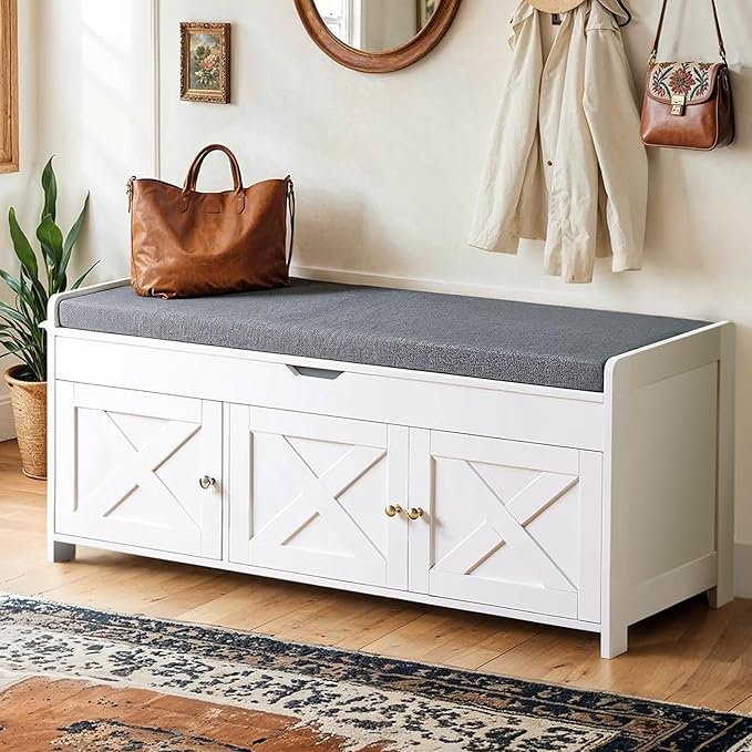 Amada Shoe Storage Bench, Entryway Bench with Cushioned Seat &amp; Lift Top Storage, 3 Doors, Adjustable Shelf, 300 lbs Capacity, Bench with Shoe Rack for Entryway, Bedroom, Living Room, White
