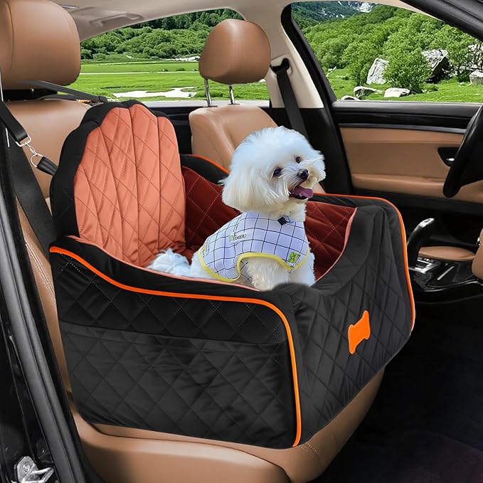Dog Car Seat for Small Dogs Under 30lbs, Detachable Washable Pet Booster Seat with Safety Belt &amp; Storage Pockets, Travel Car Bed, Black/Brown
