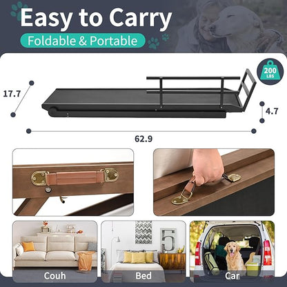 Dog Ramp, 5 Level Adjustable Height Folding Pet Ramp for High Bed, Portable Paw Ramps Large Bed Ramp for Medium &amp; Large Old Dogs &amp; Cats - Natural Wood Furniture Quality