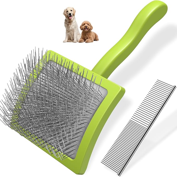 2PCS Slicker Brush for Dogs &amp; Pet Comb,Professional Dog Grooming Brush (Goldendoodles,Poodles,Labradoodles) with Extra Long Pins to Effectively Remove Tangles, Knots and Mats (Green)