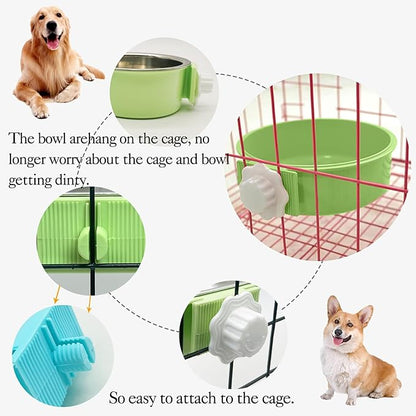 kathson Crate Dog Bowl 2pcs, Removable Stainless Steel Hanging Pet Kennel Cage Bowl Food &amp; Water Feeder Coop Cup for Puppy, Cat, Rabbit,Guinea Pigs Large (Blue,Green)
