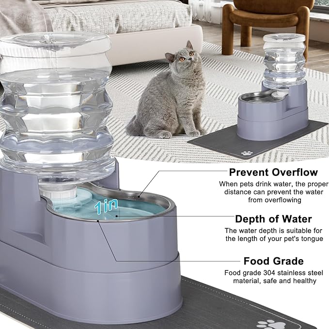 Sfozstra Automatic Gravity Water Dispenser: 5L Gray Stainless Steel Pet Bowl Waterer with Waterproof Pad - Raised Edge Water Feeder for Cats &amp; Small Dogs Indoor/Outdoor