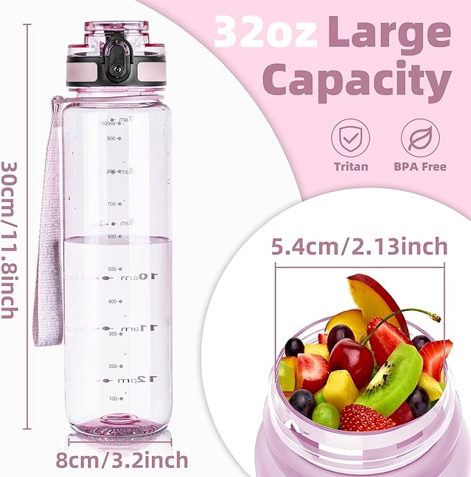 OLDLEY 32 oz Water Bottle, Motivational Water Bottle with Time Marker, Sports Water Bottle With Strap, Leakproof &amp; BPA Free Large Water Bottles for School, Gym, Travel, Tritan, Transparent Pink