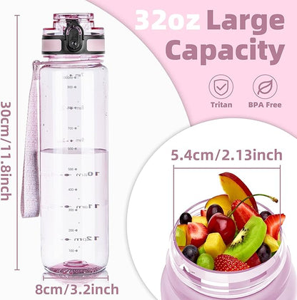 OLDLEY 32 oz Water Bottle, Motivational Water Bottle with Time Marker, Sports Water Bottle With Strap, Leakproof &amp; BPA Free Large Water Bottles for School, Gym, Travel, Tritan, Transparent Pink
