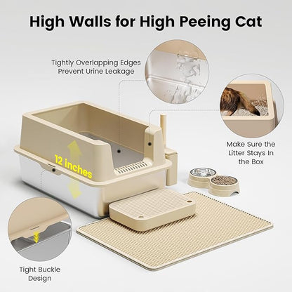 Stainless Steel Cat Litter Box - Enclosed XL Metal Kitty Litter Box with Lid for Big Cats, High Sided, Anti-Leakage, Easy Cleaning, Non-Sticky, Included Spoon &amp; Aisle (Khaki)